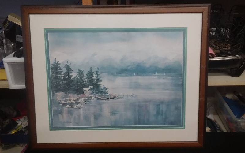 lot 43 image: Framed Print Signed By Artist Lou Roman 30x25 (Lakeside Cottage)