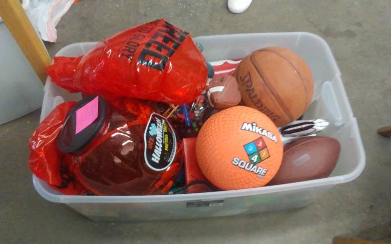 lot 44 image: Large Bin FULL Of Toys, Sports Balls, Action Figures, Hand Held Games, Laser Guns, Nerf Bow & Darts, More