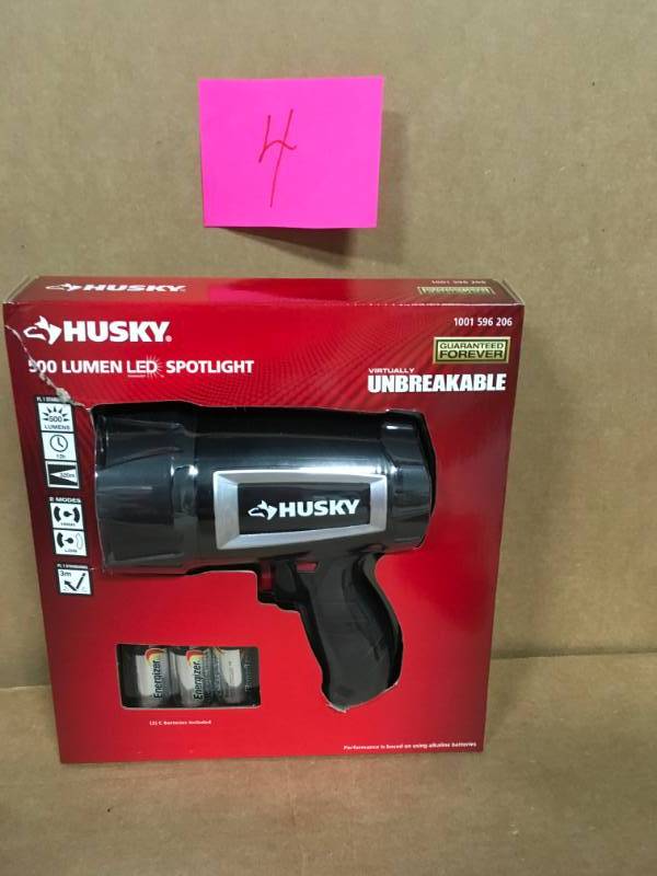 lot 4 image: HUSKY 500 Lumen LED SPOTLIGHT 1001 596 206 Virtually Unbreakable WITH BATTERIES not used