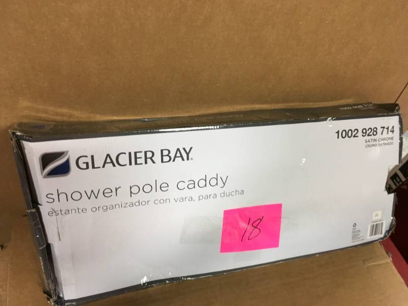 lot 18 image: Glacier Bay Tension Pole Shower Caddy in Satin Chrome with 3-Shelves  in good condition