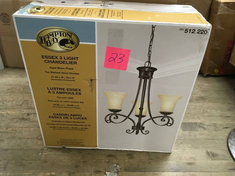lot 23 image: Hampton Bay Essex 3-Light Aged Black Chandelier 512220 not used