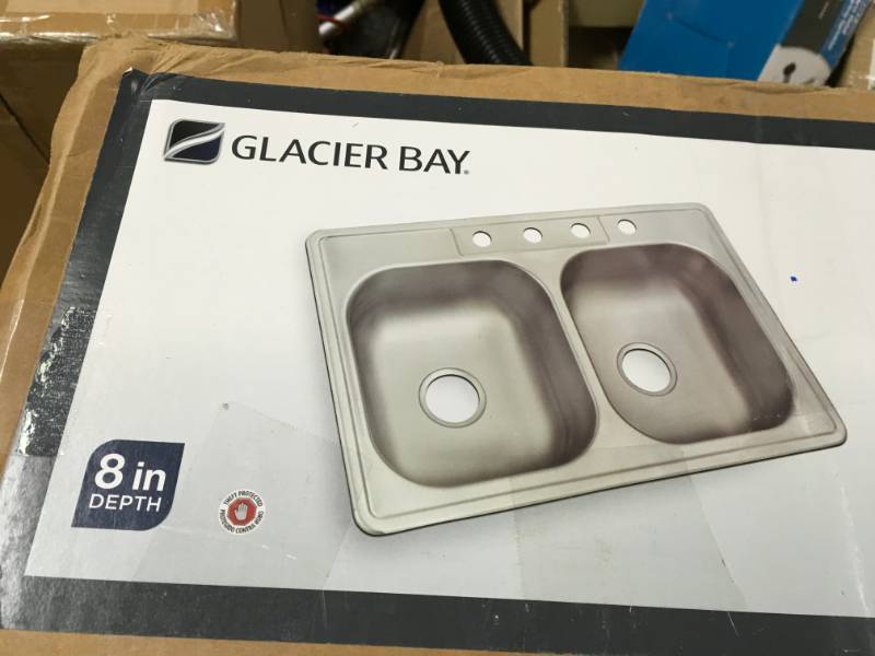 lot 27 image: Glacier Bay Drop-In Stainless Steel 33 in. 4-Hole Double Bowl Kitchen Sink  in good condition