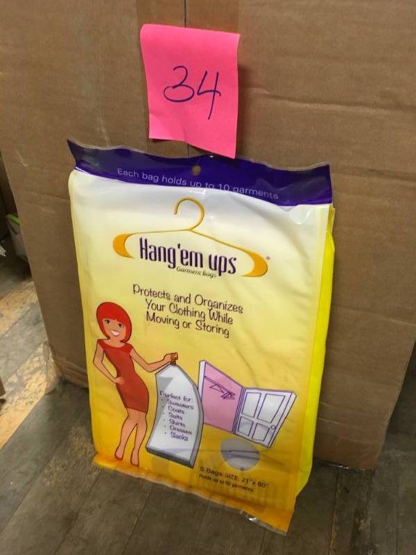lot 34 image: Hangem ups 60 in. Crystal Clear Hanging Garment Bags with Extra Room for up to 10-Garments and Draw String Bottom (5-Pack)  in good condition