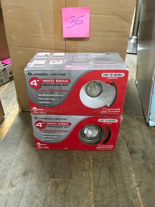 lot 35 image: Lithonia Lighting 4 in. GU10 Nickel Recessed Gimbal Kit not used