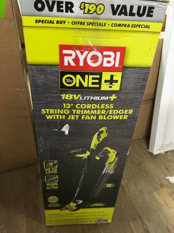 lot 40 image: RYOBI 18V Li-Ion Cordless String TrimmerEdger and Jet Fan Blower Combo Kit with Battery and Charger  in good condition