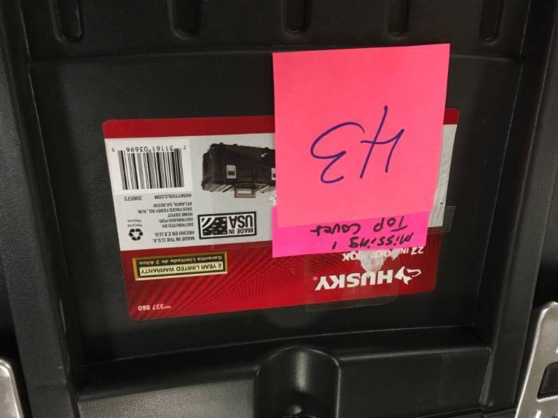lot 43 image: Husky 22 in. Tool Box with Metal Latches MISSING TOP COVER  in good condition