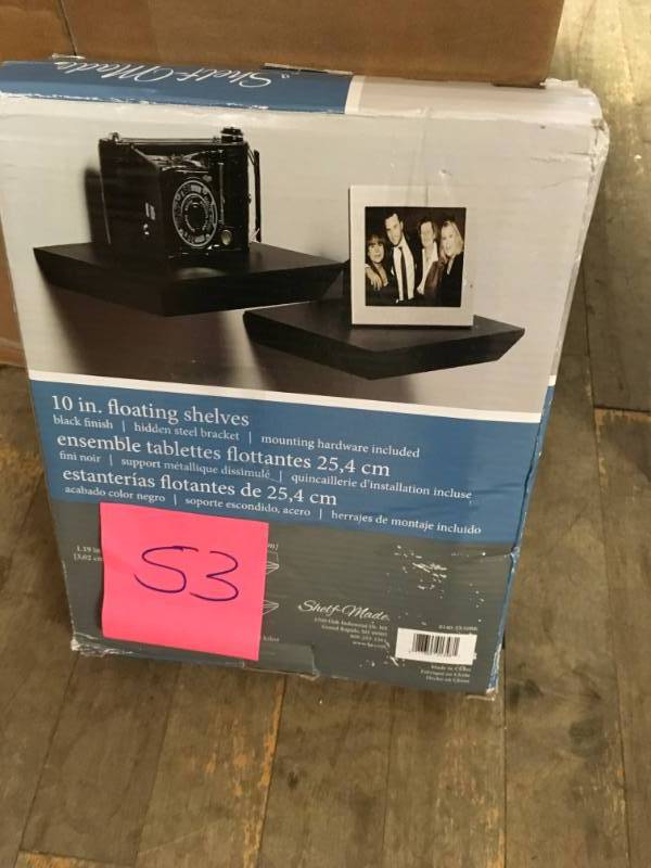 lot 53 image: Knape & Vogt 10 in. W x 8 in. D Wall Mounted Black Decorative Shelf Kit (2-Piece)  in good condition