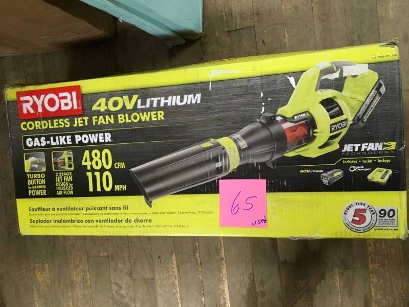 lot 65 image: RYOBI 110 MPH 480 CFM Variable-Speed 40-Volt Lithium-Ion Cordless Jet Fan Leaf Blower - 3.0 Ah Battery and Charger Included  in good condition