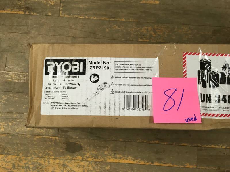 lot 81 image: RYOBI Reconditioned ONE 90 MPH 200 CFM 18-Volt Lithium-Ion Cordless Leaf Blower - 2.0 Ah Battery and Charger Included USED  in good condition