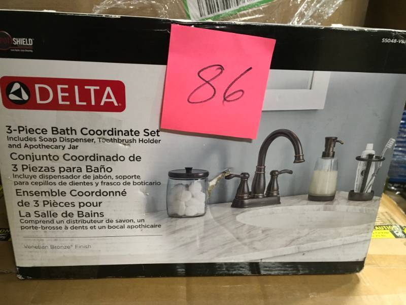 lot 86 image: Bathroom Countertop Accessory Kit with Soap Dispenser Toothbrush Holder Storage Container in Venetian Bronze (3-Piece) not used