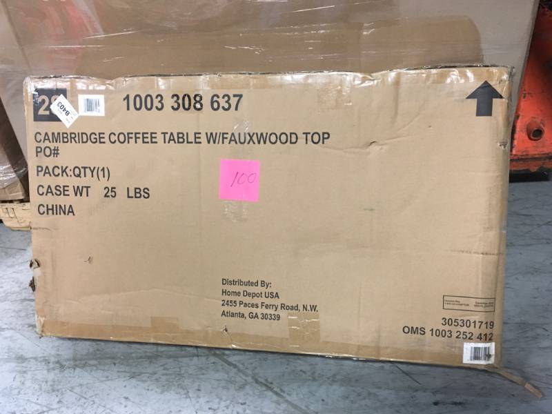 lot 100 image: Hampton Bay Cambridge Brown Rectangular Wicker Outdoor Coffee Table with Faux Wood Table Top not used