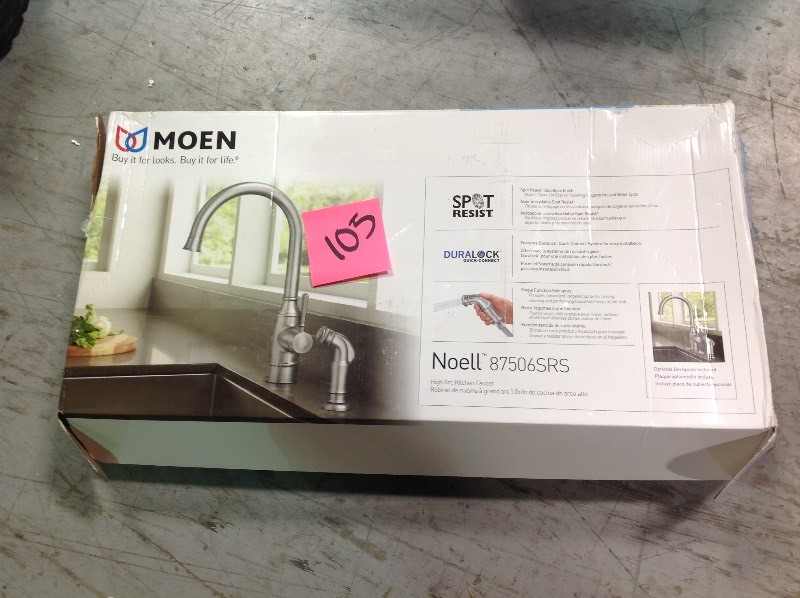 lot 105 image: Moen Noell Single-Handle Standard Kitchen Faucet with Side Sprayer in Spot Resist Stainless in like new condition