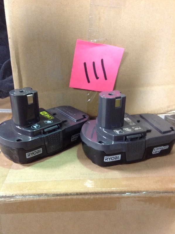 lot 111 image: Ryobi P102 18V One Compact Lithium Ion Battery, 2 Pack in very good condition
