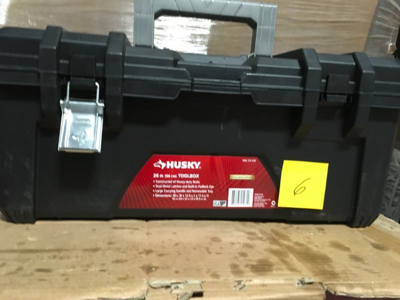 lot 6 image: Husky 26 in. Plastic Tool Box with Metal Latches in Black SEE PICS DAMAGE MISSING ONE LATCH