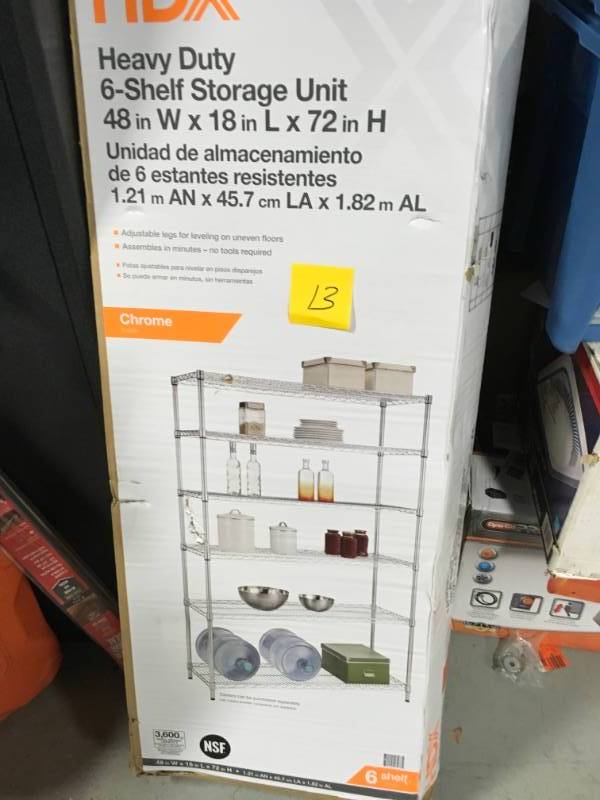 lot 13 image: HDX 6-Tier 48 in. x 18 in. x 72 in. Wire Shelving CHROME  USED in good condition