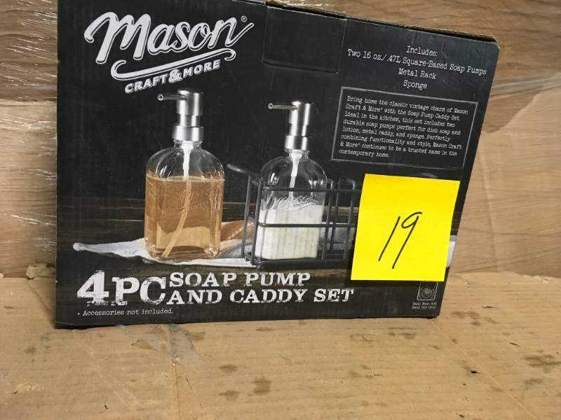 lot 19 image: 4-Piece Glass Soap Pump and Caddy Set by Mason Craft  in good condition