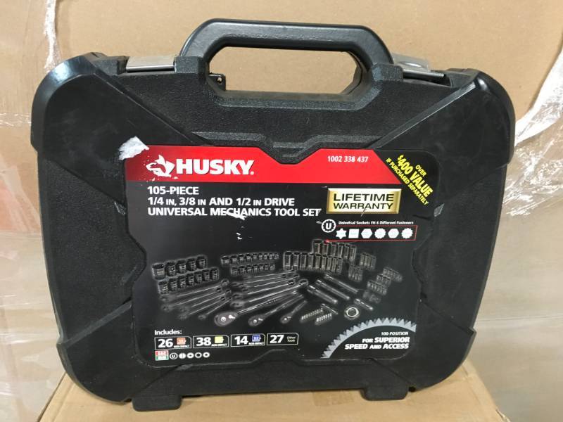 lot 34 image: Husky 14 in., 38 in. and 12 in. Drive 100-Position Universal SAE and Metric Mechanics Tool Set (105-Piece) in good condition