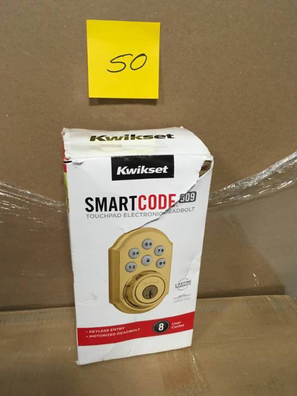 lot 50 image: Kwikset 909 SmartCode Electronic Deadbolt featuring SmartKey in Lifetime Polished Brass in good condition