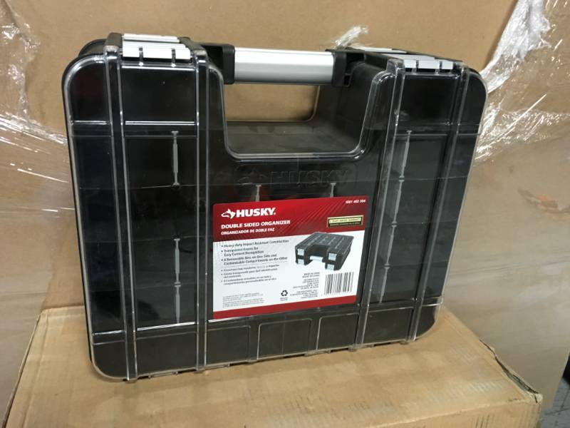 lot 79 image: Husky 15 in. x 13 in. Black Pro Double Sided Small Parts Organizer with Bins in good condition