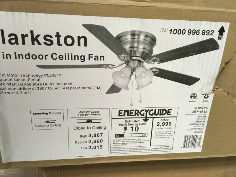 lot 88 image: Clarkston 52 in. Indoor Brushed Nickel Ceiling Fan with Light Kit in good condition