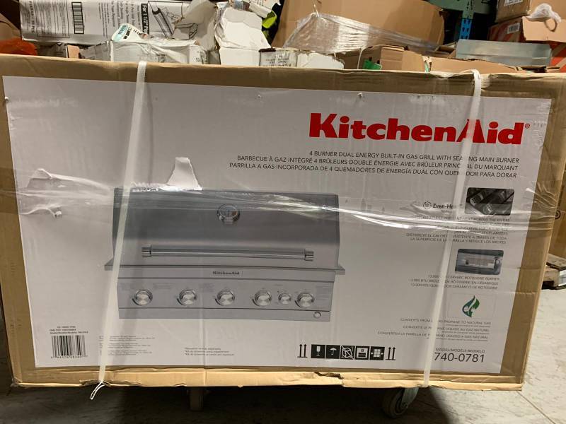 lot 109 image: Kitchen Aid 4-Burner Built-in Propane Gas Island Grill Head in Stainless Steel with Searing Main Burner and Rotisserie Burner Not used