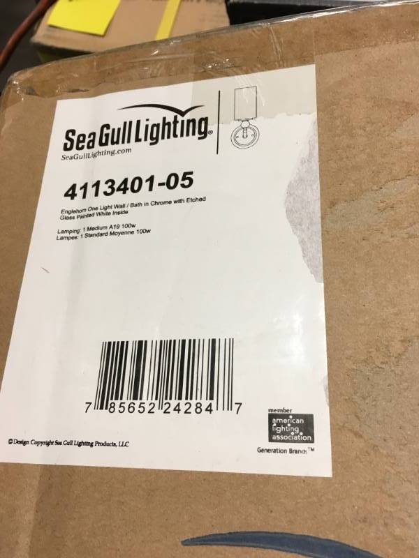 Sea Gull Lighting Englehorn 5 in. W. 1-Light Chrome WallBath Sconce with Inside White Painted Etched Glass  in good condition