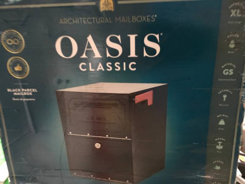 lot 12 image: Architectural Mailboxes Oasis Classic Locking Post Mount Parcel Mailbox with High Security Reinforced Lock, Black  in good condition