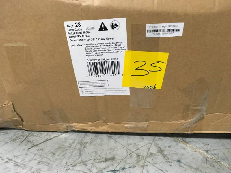 lot 35 image: RYOBI 13 in. 11 Amp Corded Electric Walk Behind Push Mower USED