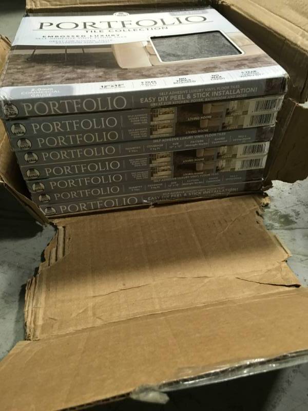 lot 48 image: Lot of 8  cases - Portfolio 12x12 2.0mm Self Adhesive Vinyl Floor Tile - midnight marble 12 x 12 not used