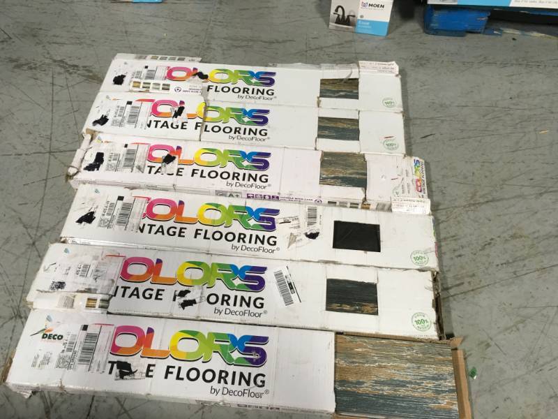 lot 49 image: Lot of 6 cases Deco Products COLORS Floor and Wall DIY Wood Aged 6 in. x 36 in. Painted Style Glue Down Luxury Vinyl Plank  not used