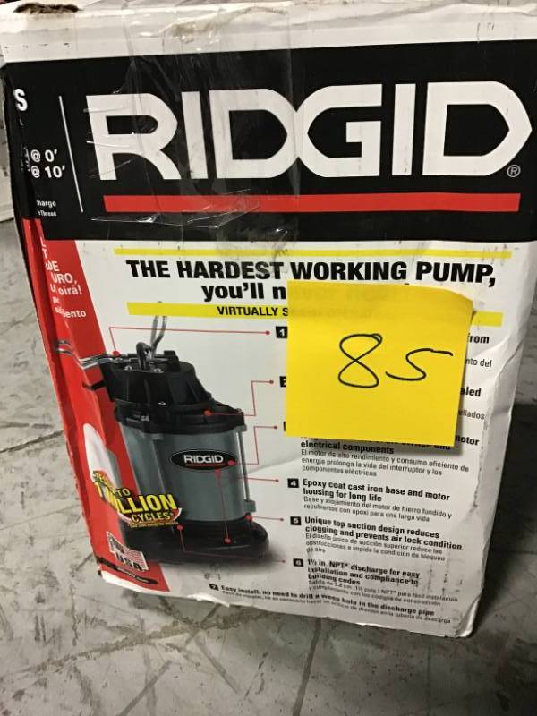 lot 85 image: Ridgid 13 HP Cast Iron Sump Pump in good condition