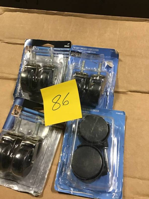 lot 86 image: 4 Assorted Rubber Wheel Swivel Casters Threaded Stems 2 Pack in good condition