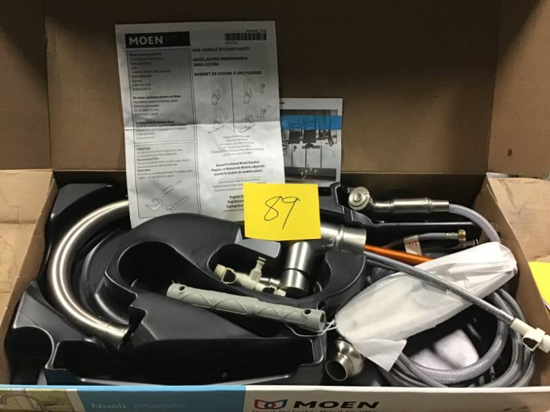 lot 89 image: MOEN Noell Single-Handle Standard Kitchen Faucet with Side Sprayer in Spot Resist Stainless in good condition