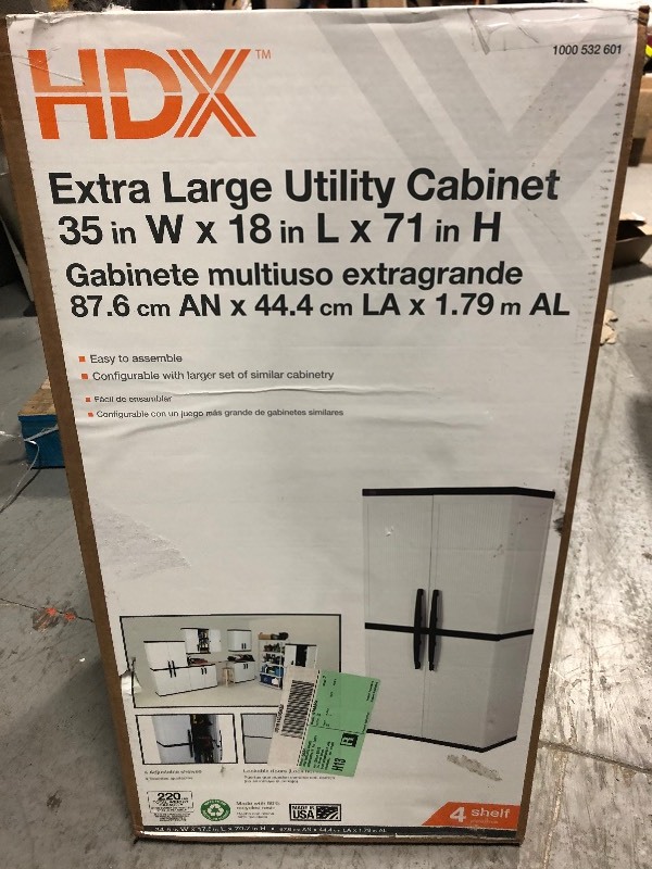 lot 109 image: HDX 35 in. W 4 Shelf Plastic Multi-Purpose Cabinet in Gray in good conditions