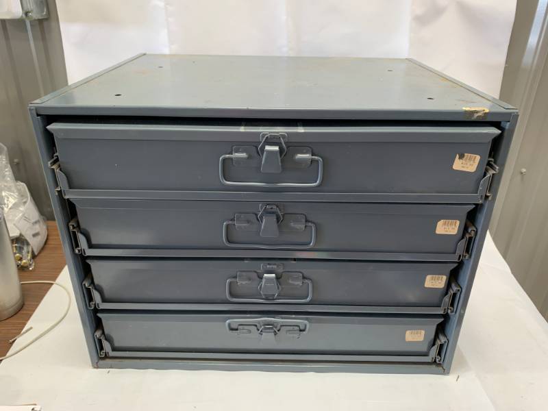 lot 29 image: Durham Made in USA 4 Bin Tool Cabinet $129 (contents included)