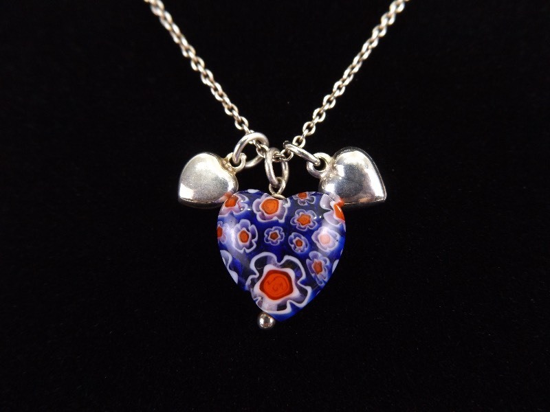 lot 6 image: .925 Sterling Silver Murano Millefiori Heart Pendant Necklace