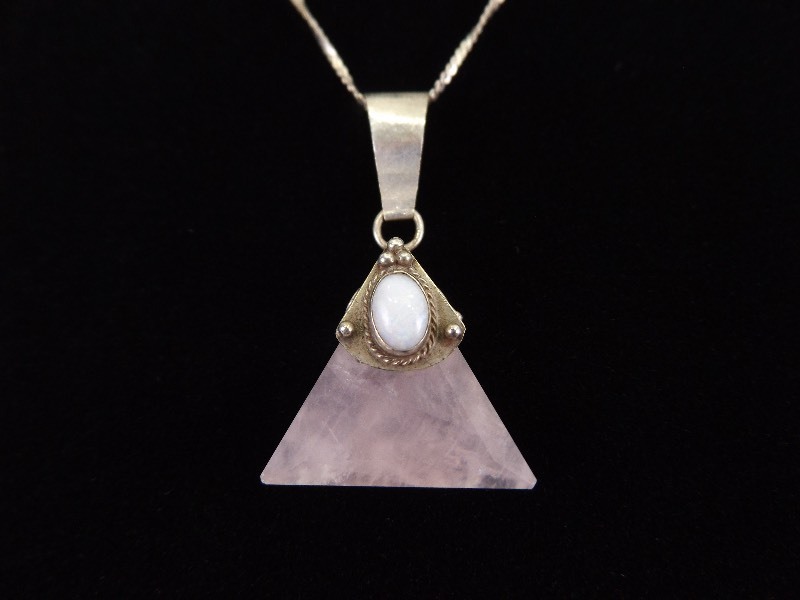 lot 14 image: .925 Sterling Silver All Seeing Opal Eye Rose Quartz Pendant Necklace
