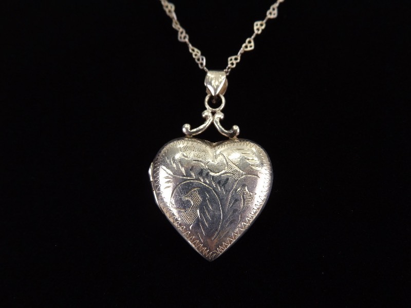 lot 23 image: .925 Sterling Silver Etched Heart Locket Pendant Necklace