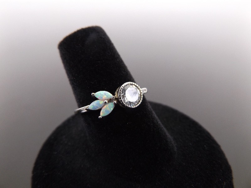 lot 30 image: NEW .925 Sterling Silver Opal Leaf and Crystal Ring Size 6.75