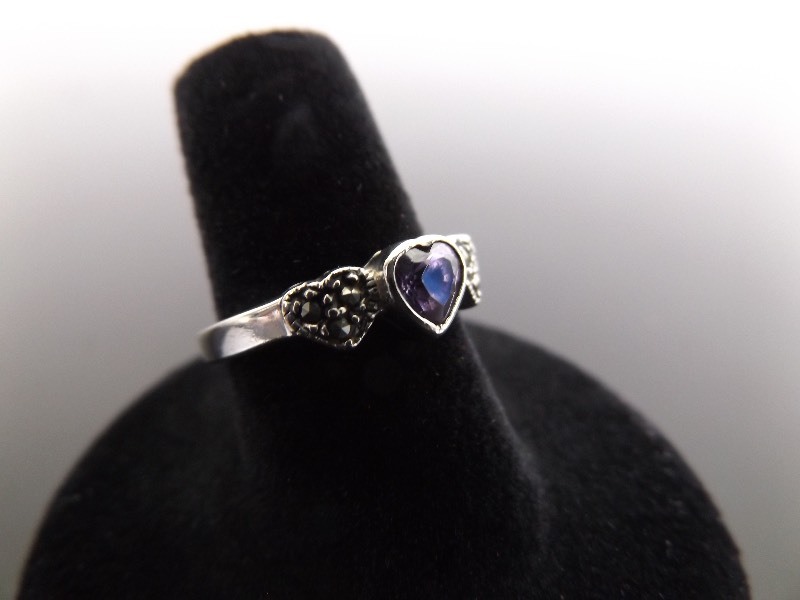 lot 37 image: .925 Sterling Silver Art Nouveau Amethyst Heart Ring Size 6.75