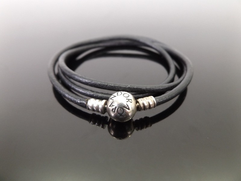 lot 51 image: .925 Sterling Silver PANDORA Leather NecklaceTriple Wrap Bracelet