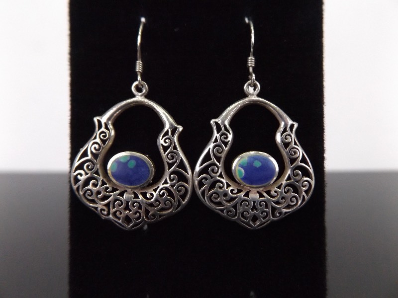 lot 67 image: .925 Sterling Silver Scrolled Blue and Green Gem Hook Dangle Earrings