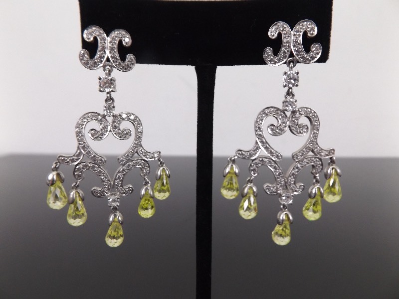 lot 70 image: .925 Sterling Silver Ballroom Peridot Crystal Dangle Post Earrings