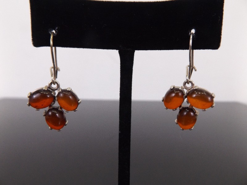 lot 77 image: .925 Sterling Silver Amber Cabochon Dangle Hook Clasp Earrings