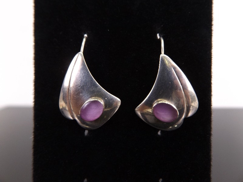 lot 81 image: .925 Sterling Silver Artist Initialed Amethyst Cabochon Hook Earrings