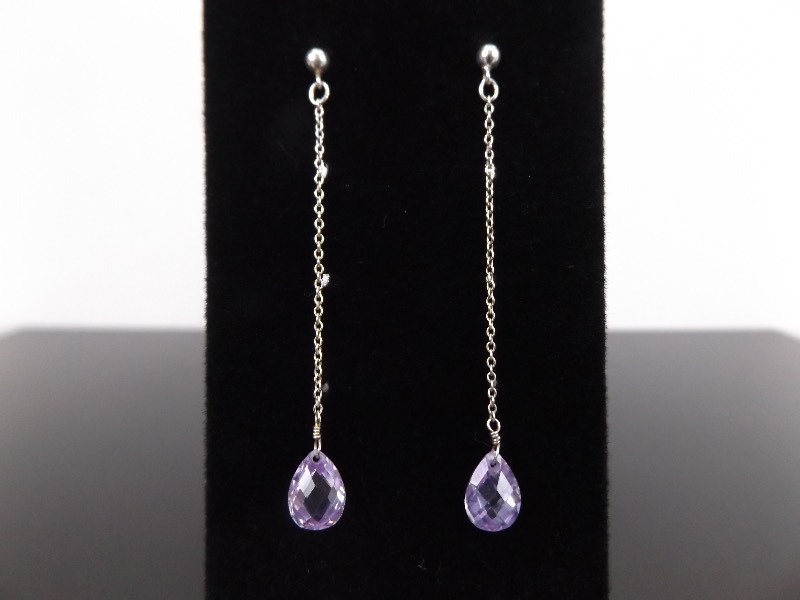 lot 82 image: .925 Sterling Silver Faceted Amethyst Crystal Chain Dangle Post Earrings