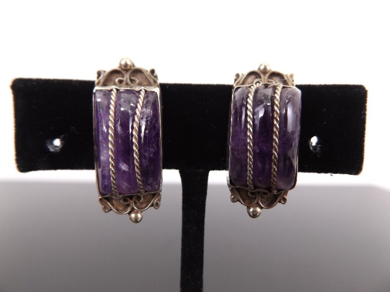lot 83 image: .925 Sterling Silver Amethyst Rock Screw Back Earrings