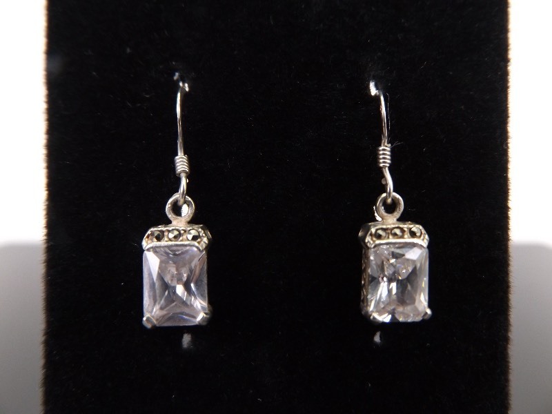 lot 92 image: .925 Sterling Silver Art Nouveau Emerald Cut Crystal Dangle Hook Earrings