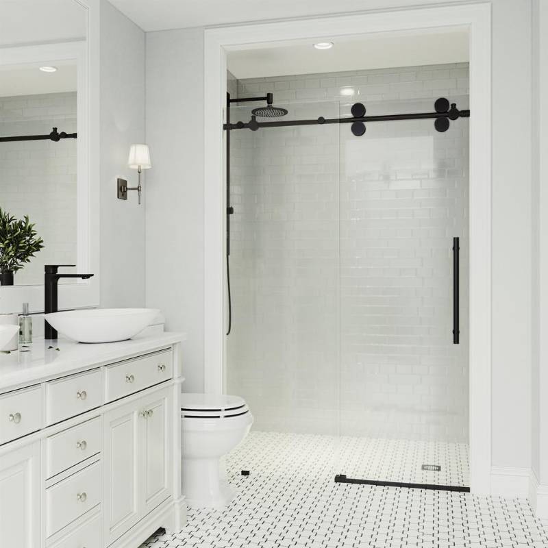 lot 139 image: Vigo Elan 52 to 56 in. x 74 in. Frameless Sliding Shower Door in Matte Black with Clear Glass and Handle, VG6041MBCL5674