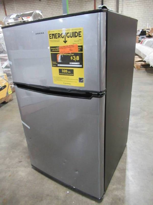 lot 40 image: AMANA 3.1 cu. ft. Mini Fridge with Dual Door True Freezer in Stainless Steel Look - Dented Door (see Photos) AMAR31TS1E
